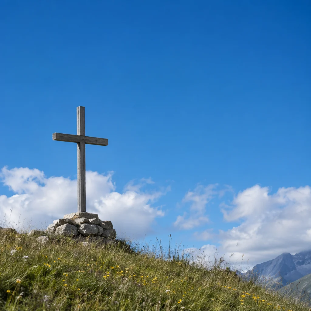 Empty Wooden Cross Under Blue Alpine Sky