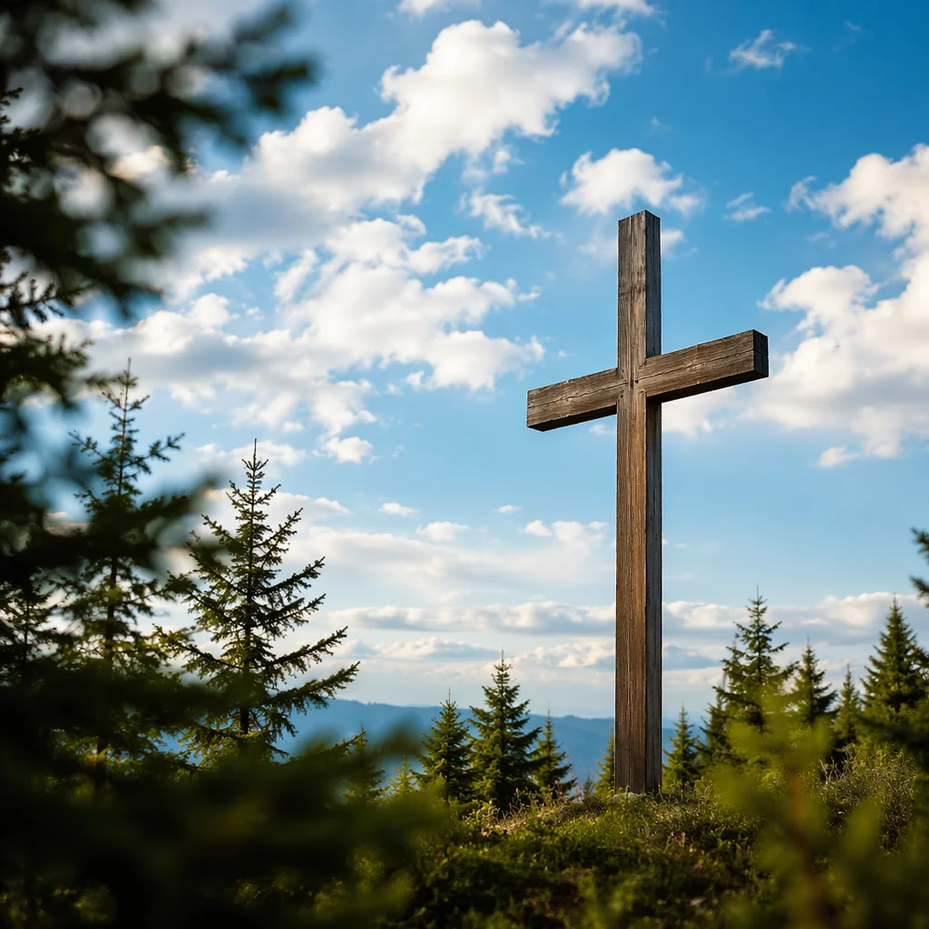Empty Wooden Cross Under Blue Sky