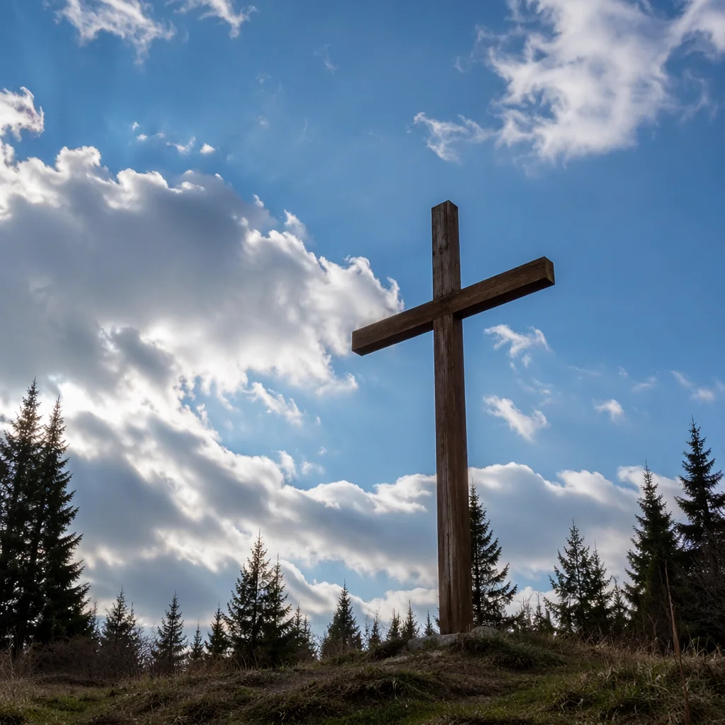 Empty Wooden Cross Beneath Blue Sky