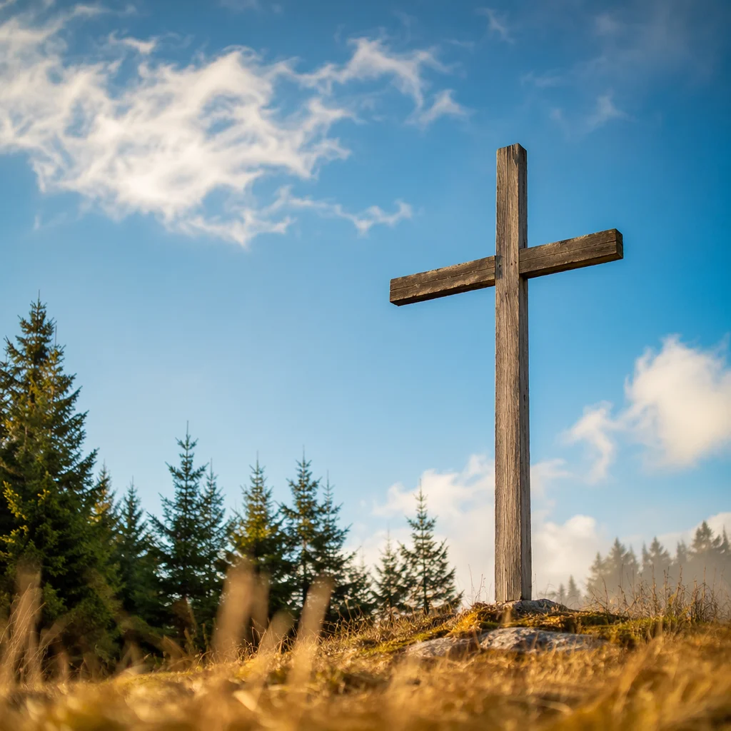 Empty Wooden Cross Beneath Blue Sky