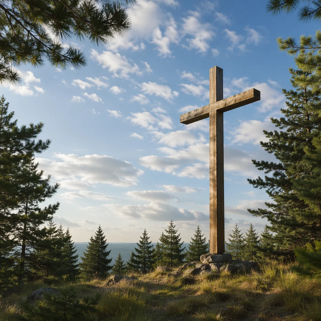 Weathered Cross Beneath Blue Sky Clouds