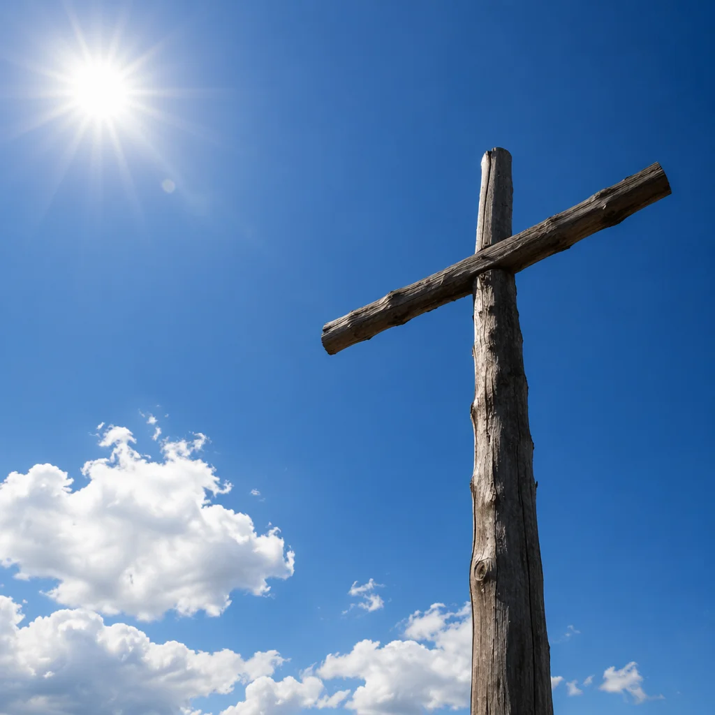 Empty Wooden Cross Under Blue Sky