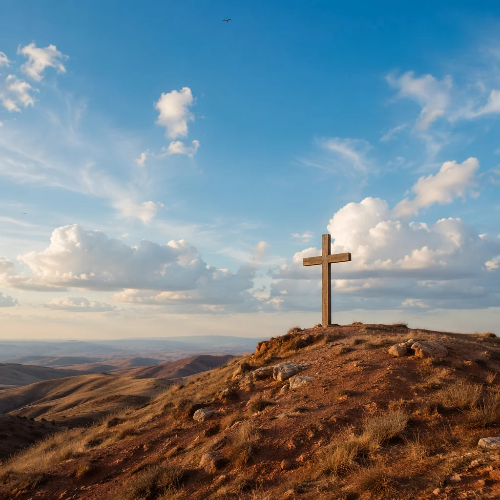 Empty Wooden Cross Under Blue Sky