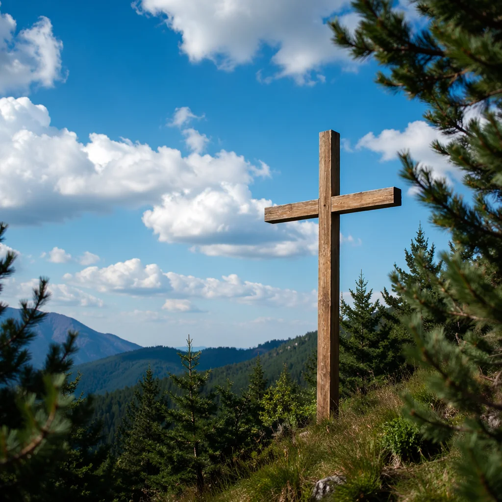 Empty Wooden Cross Under Blue Sky