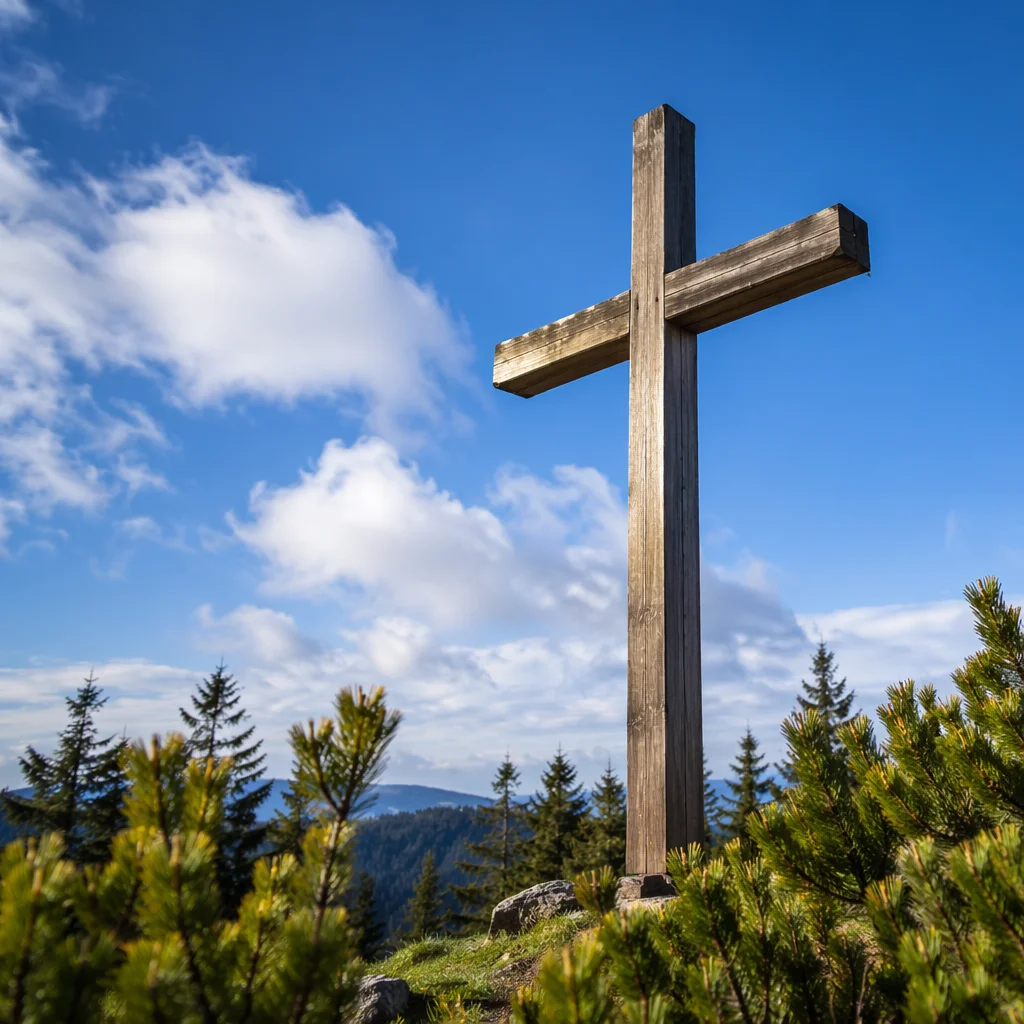 Empty Wooden Cross Under Blue Sky