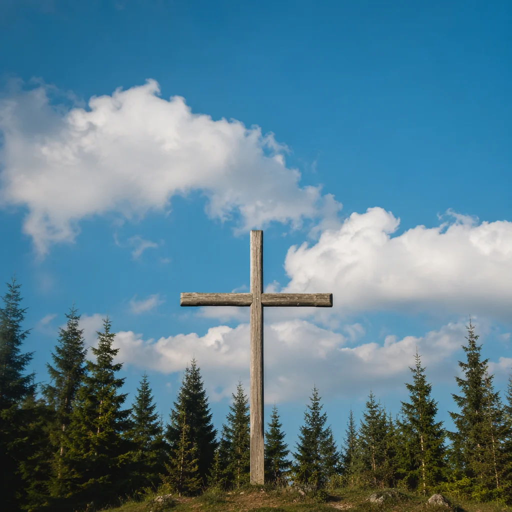 Empty Wooden Cross Under Blue Sky