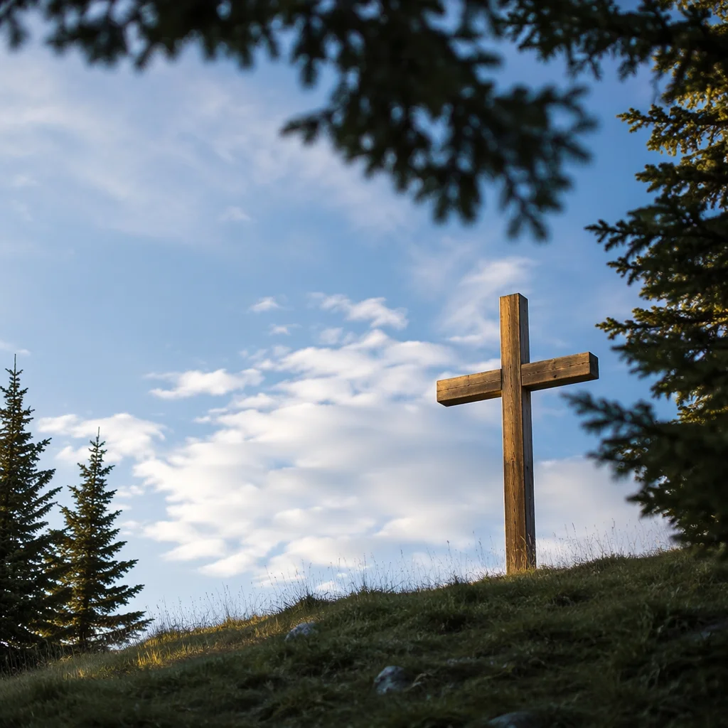 Weathered Cross Beneath Blue Morning Sky