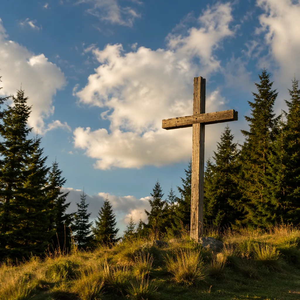 Empty Wooden Cross Under Blue Sky