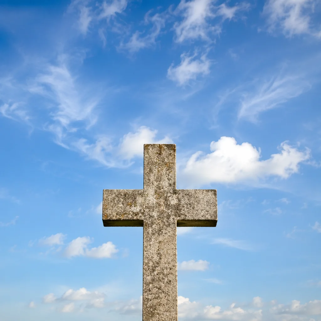 Weathered Stone Cross Under Blue Sky