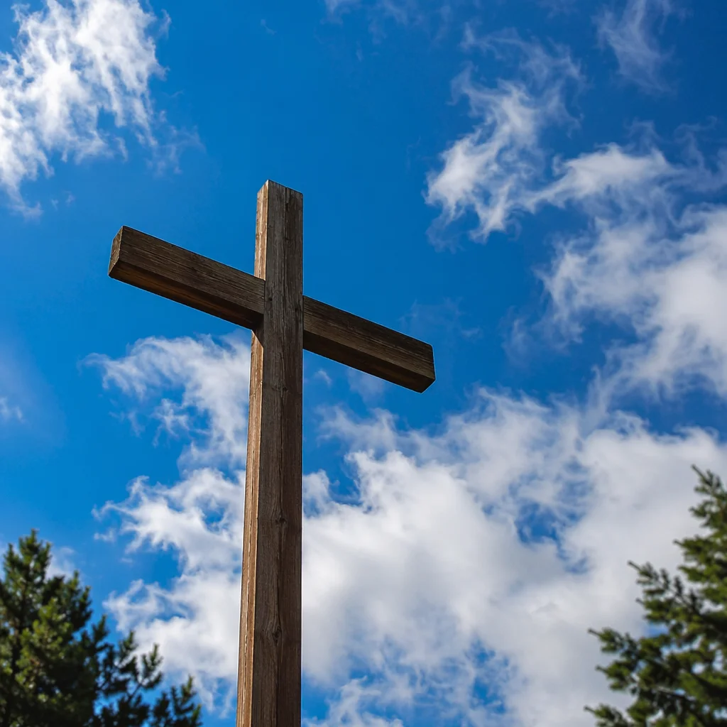 Empty Wooden Cross Beneath Blue Sky