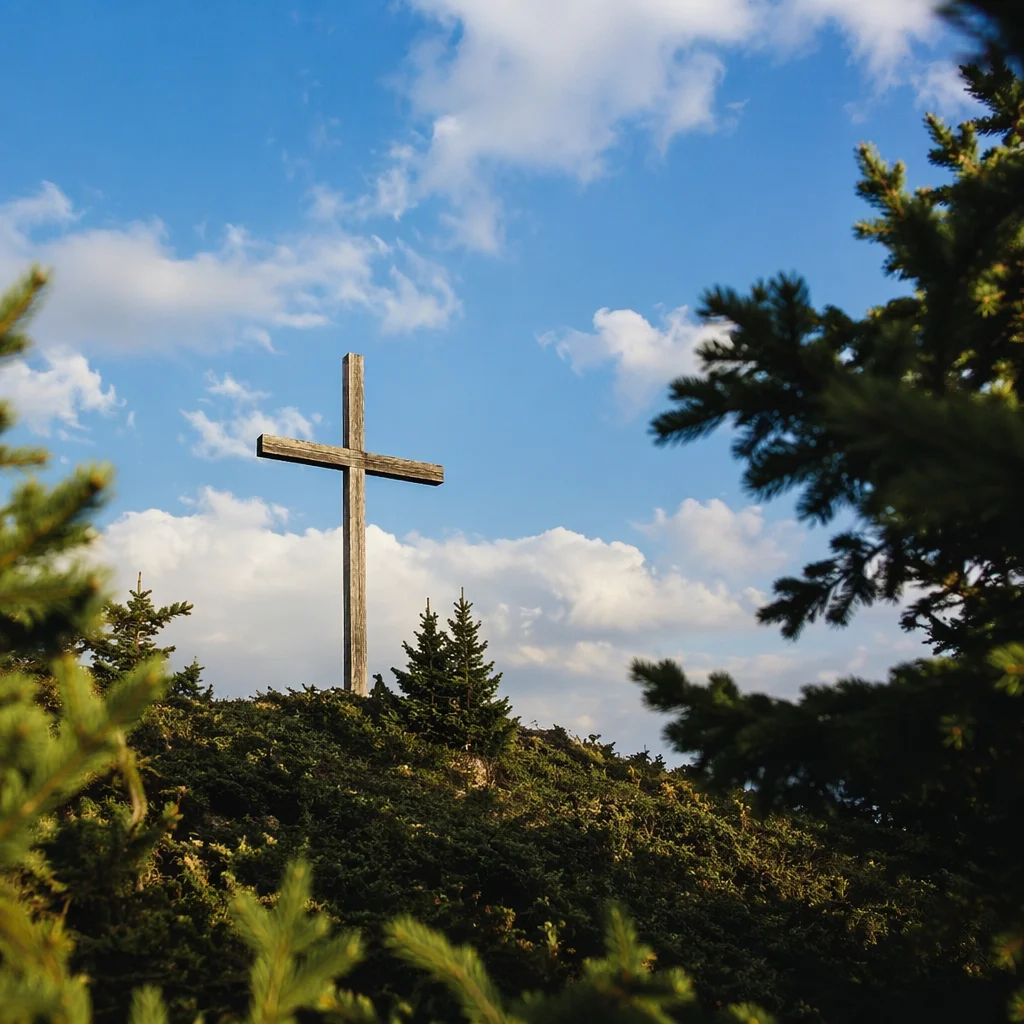 Empty Cross Under Evergreen Sky