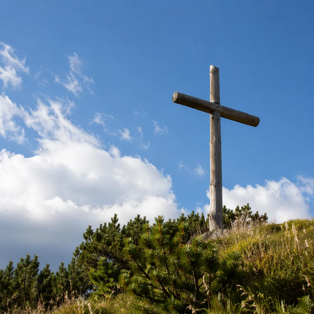 Empty Wooden Cross Under Blue Sky