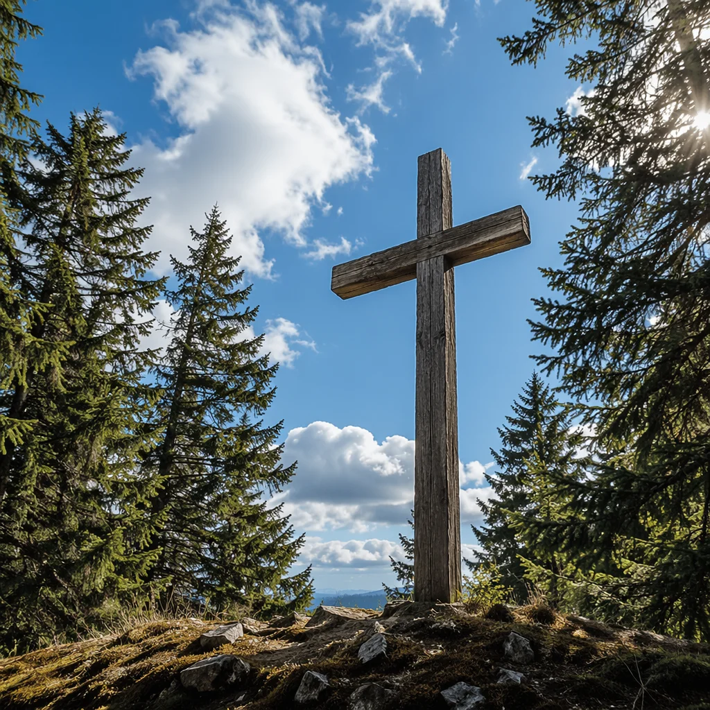 Empty Wooden Cross Under Blue Sky