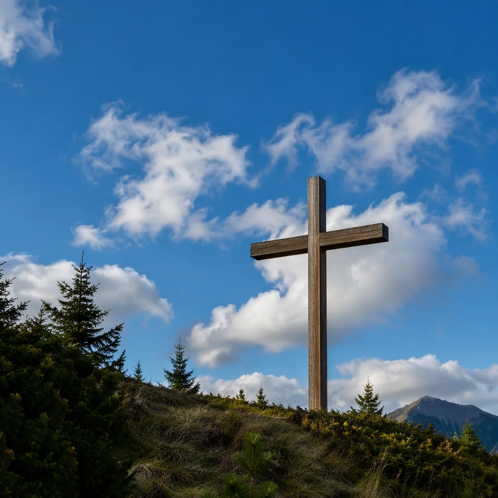 Empty Wooden Cross Under Blue Mountain Sky