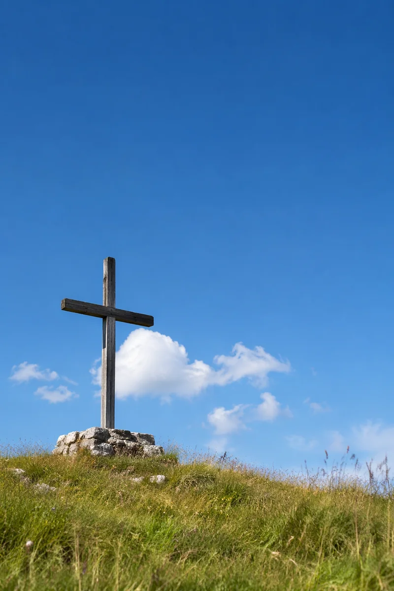Empty Wooden Cross Beneath Blue Alpine Sky