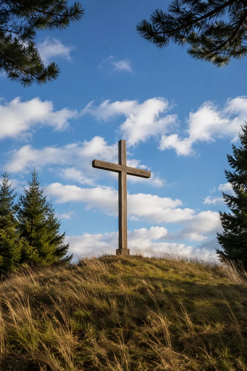Empty Wooden Cross Beneath Blue Sky