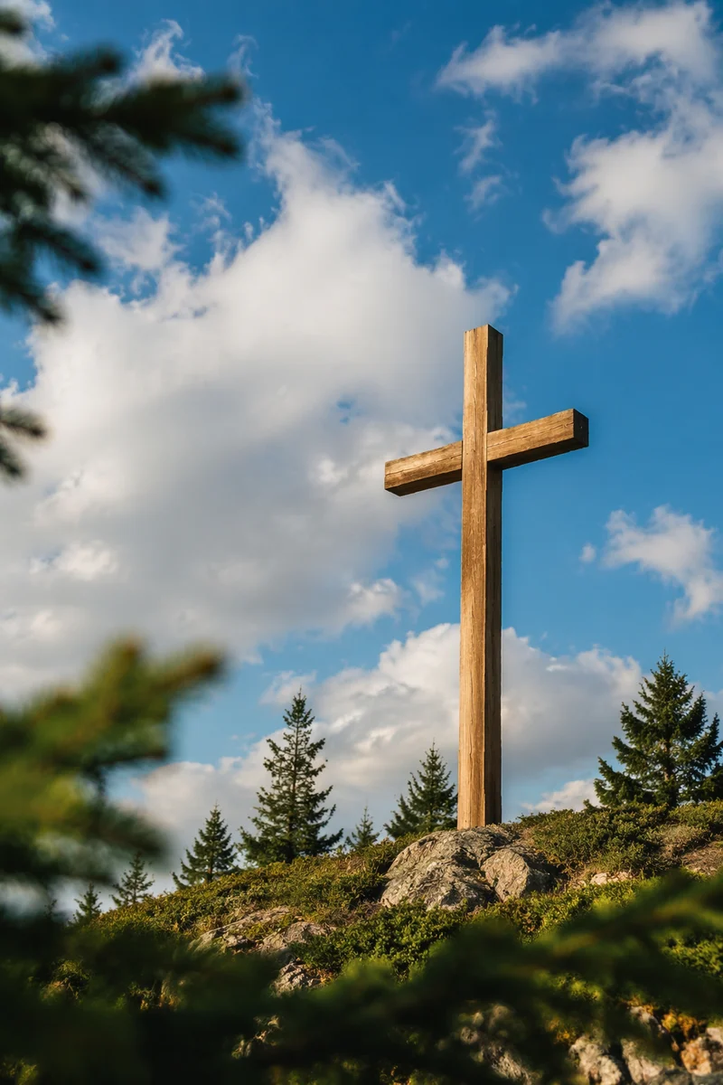 Empty Wooden Cross Beneath Hopeful Blue Sky