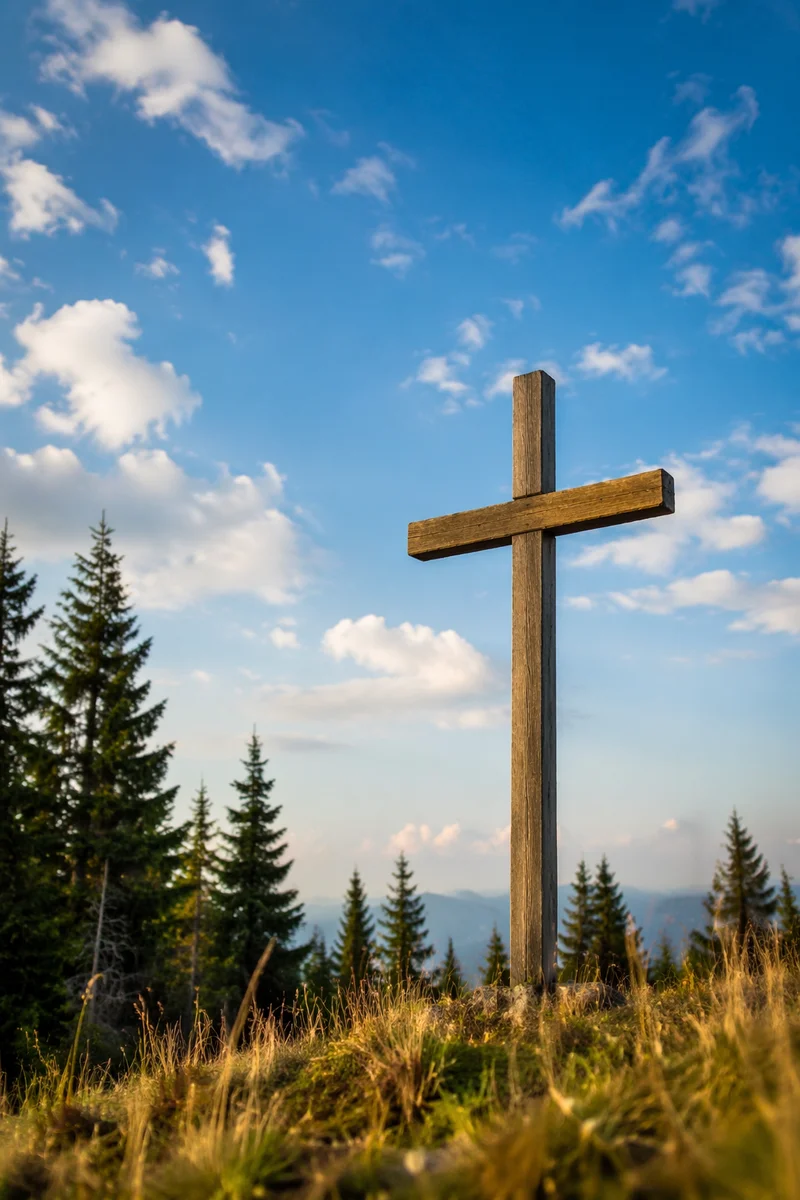 Empty Wooden Cross Beneath Blue Sky