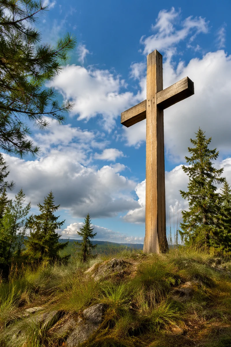 Weathered Wooden Cross Under Blue Sky