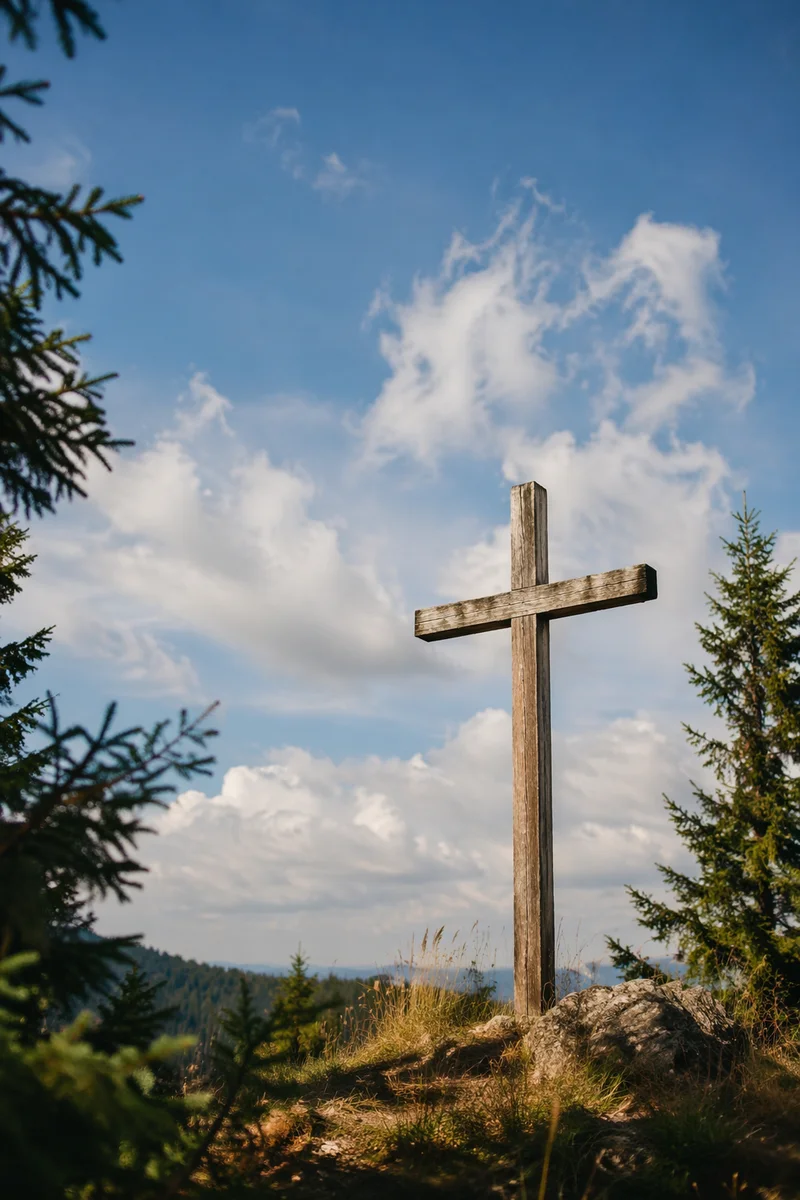 Weathered Cross Beneath Evergreen Blue Sky