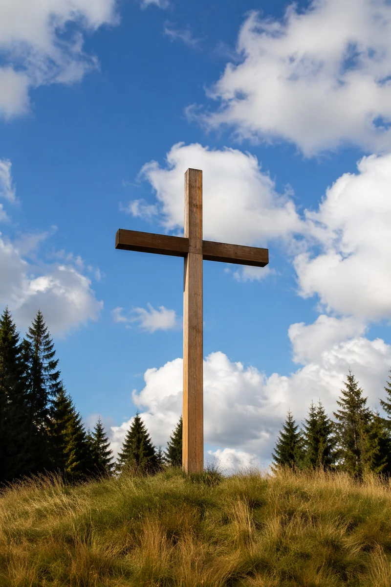 Empty Wooden Cross Under Blue Sky