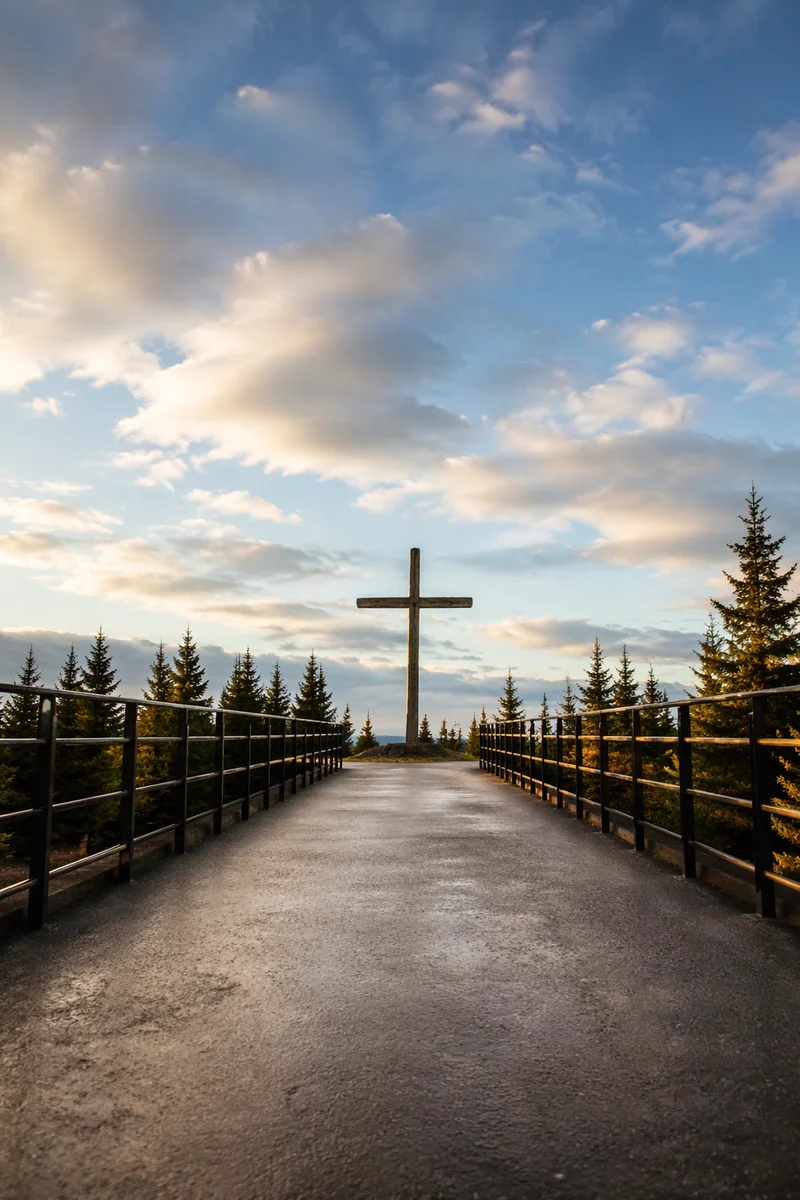 Empty Wooden Cross Beneath Blue Morning Sky