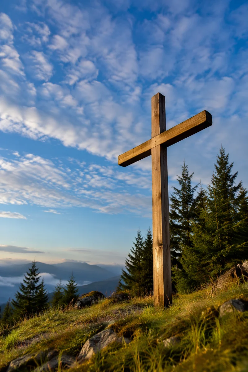 Empty Wooden Cross Under Blue Morning Sky