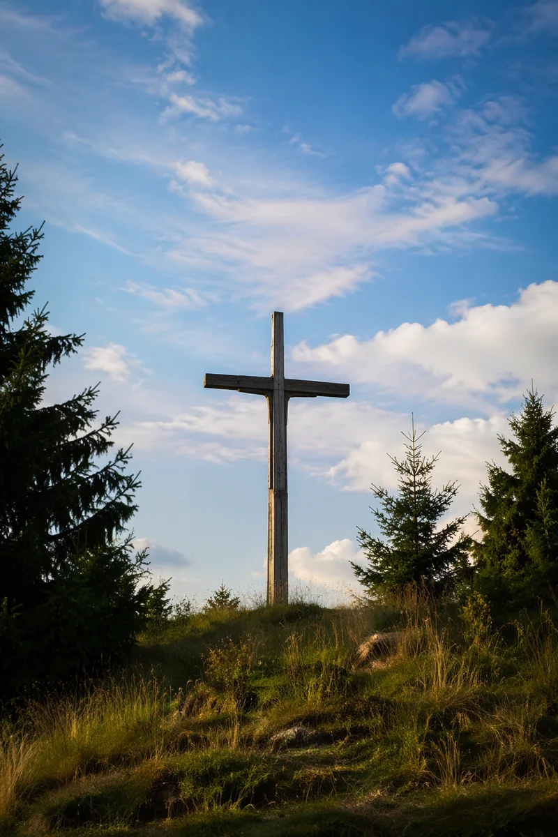 Empty Wooden Cross Under Blue Sky
