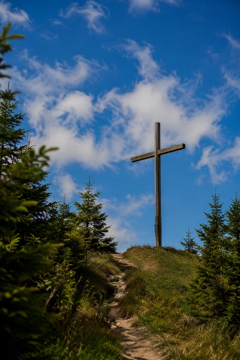 Empty Wooden Cross Under Blue Sky