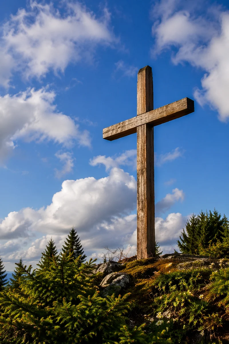 Empty Wooden Cross Under Blue Sky