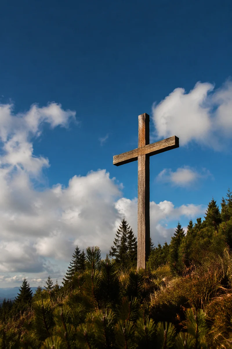 Empty Wooden Cross Under Blue Sky