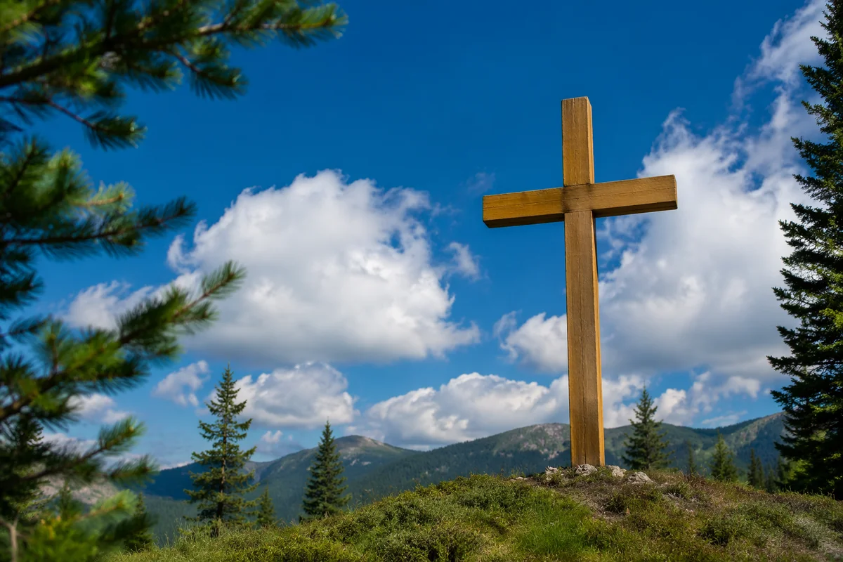 Empty Wooden Cross Under Blue Sky
