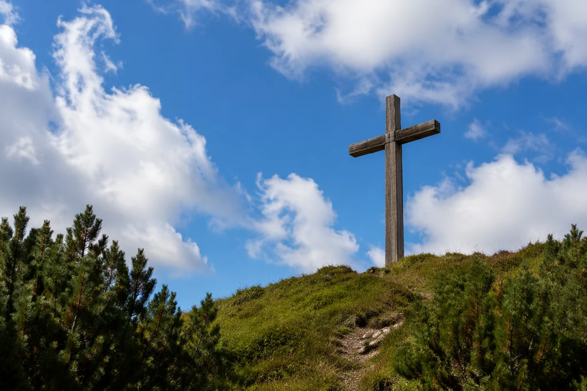 Wooden Cross Beneath Blue Sky Clouds