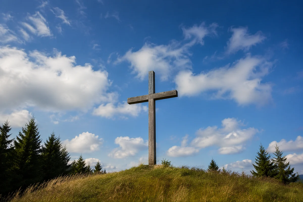 Empty Wooden Cross Under Blue Sky