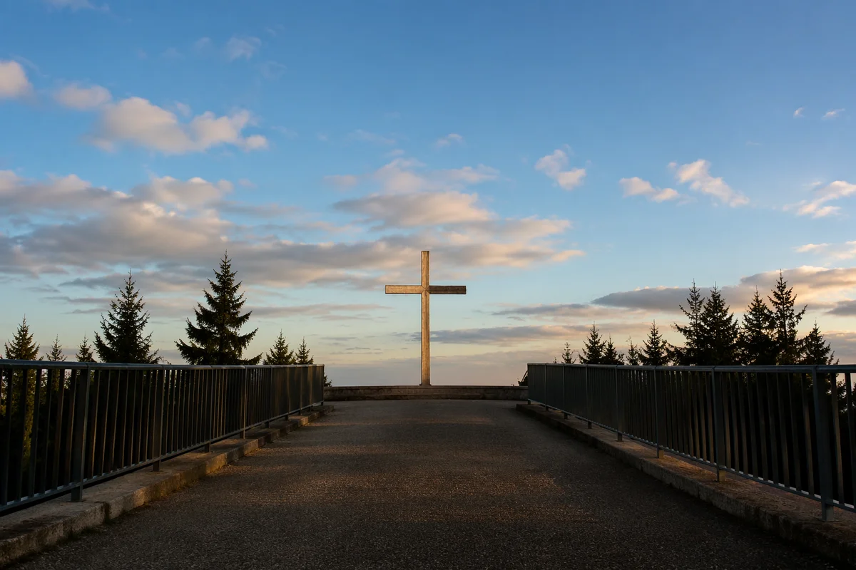 Empty Wooden Cross Under Peaceful Blue Sky