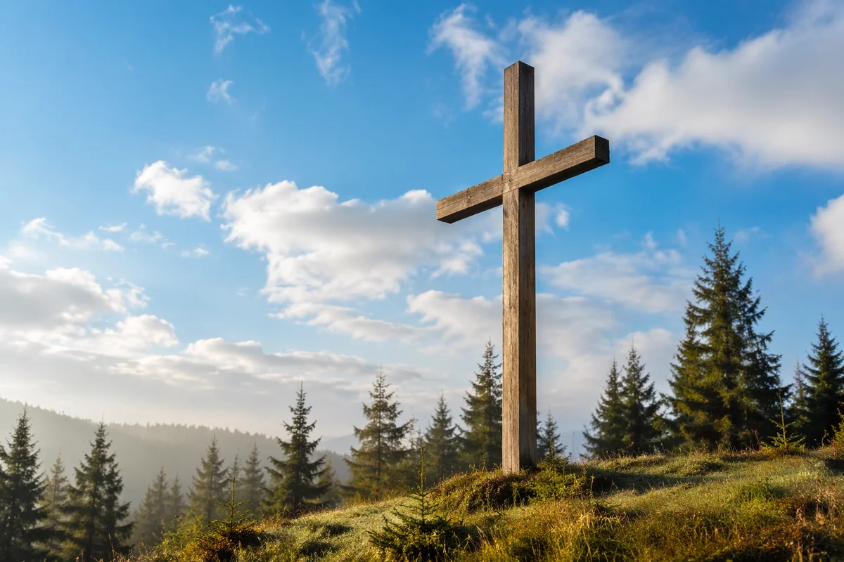 Empty Wooden Cross Under Blue Sky