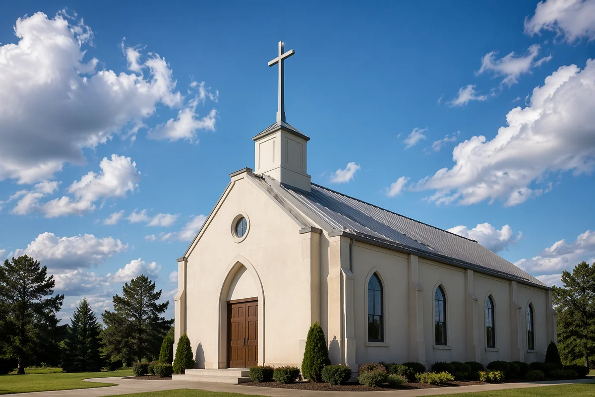 Empty Chapel Cross Beneath Blue Clouded Sky