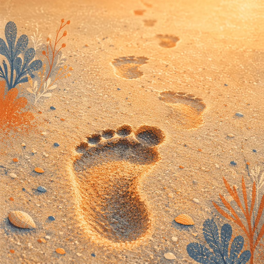 Sunrise Footprints in Damp Beach Sand