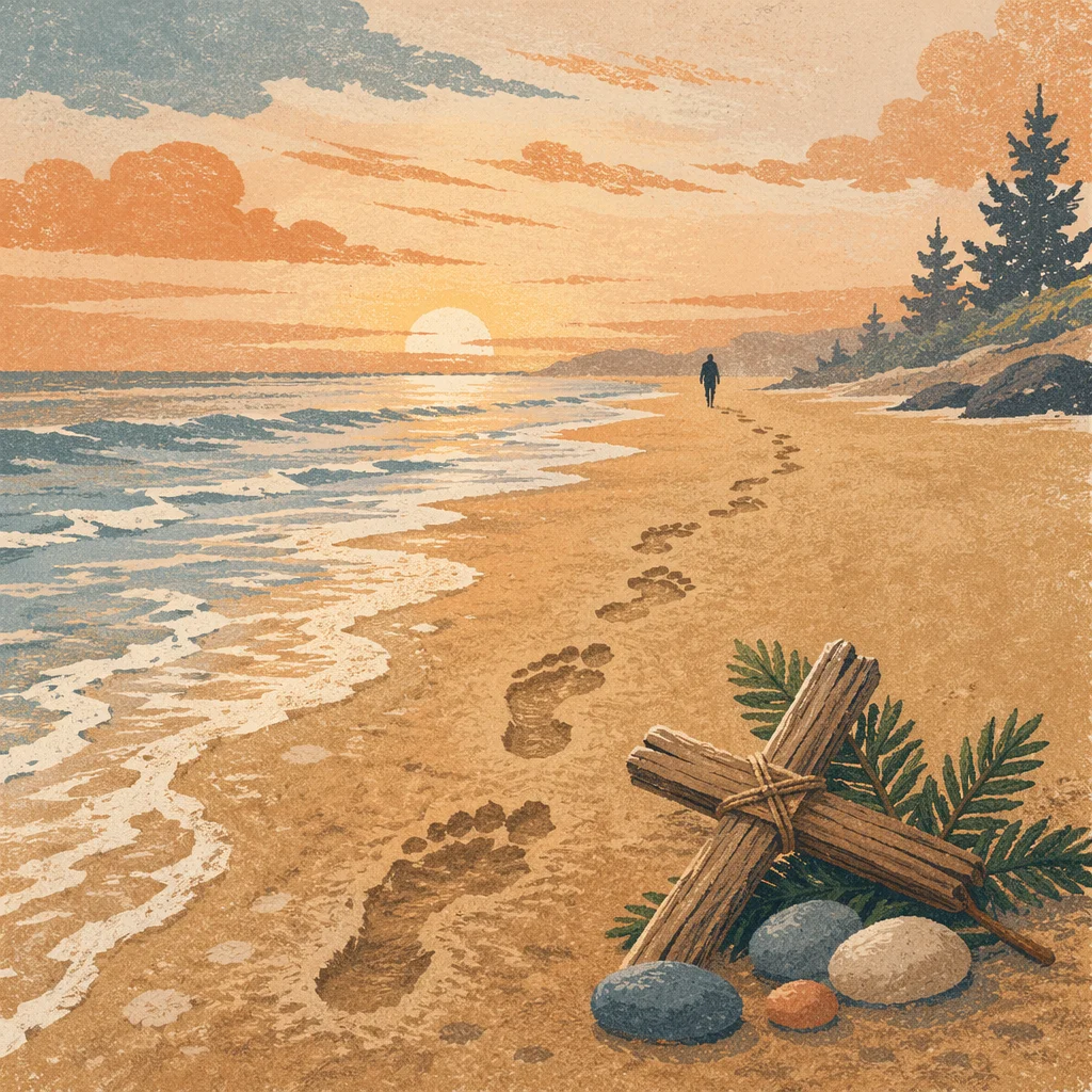Footprints Toward Sunrise with Driftwood Cross