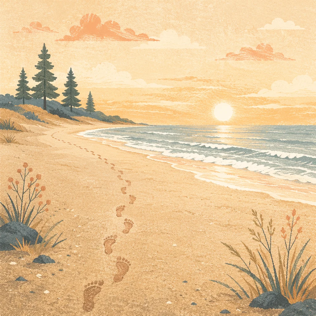 Sunrise Footprints on Quiet Evergreen Beach