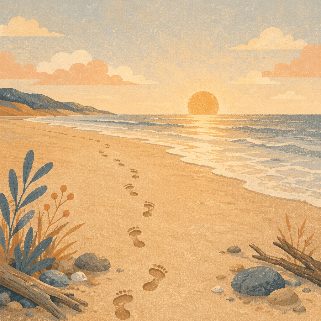 Footprints on Sandy Beach at Sunrise