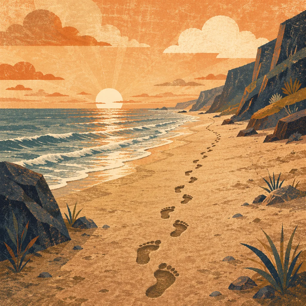 Footprints Leading Across Sunrise Beach