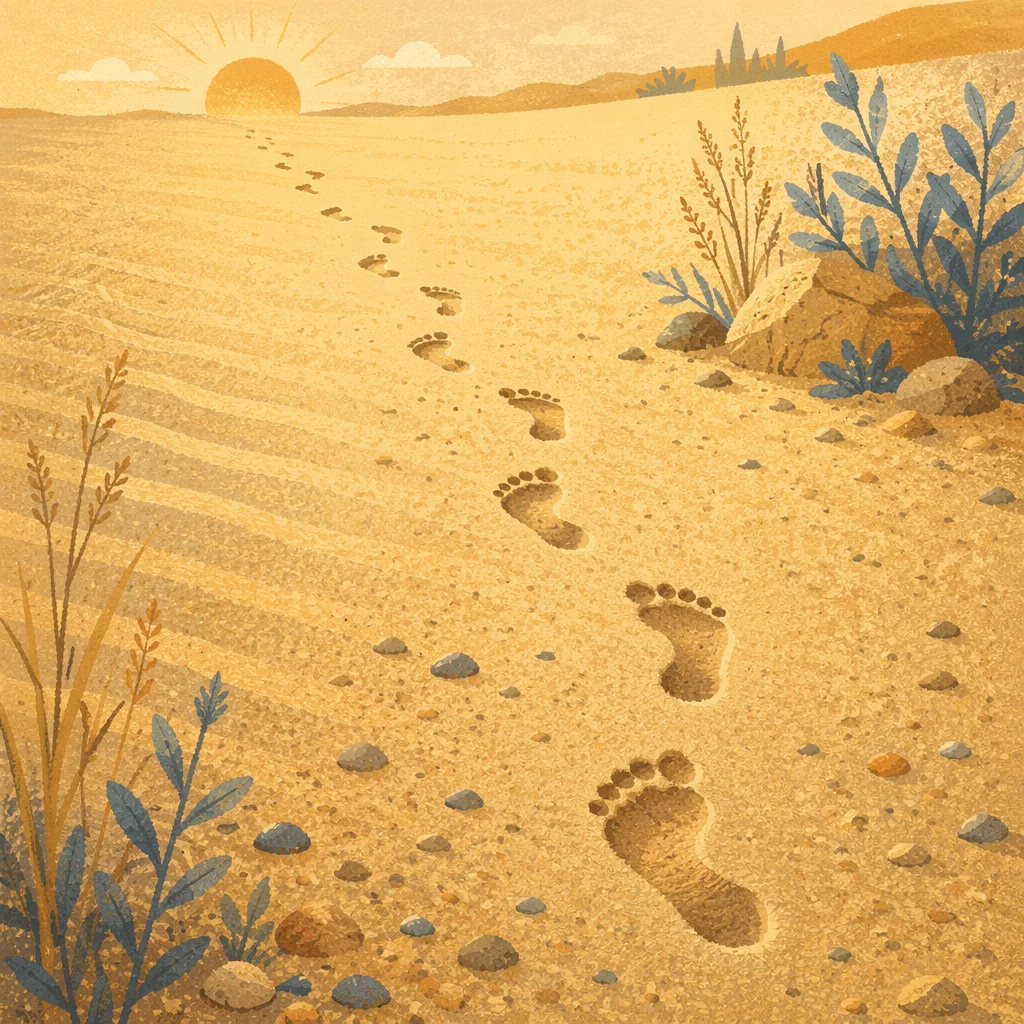 Footprints in Sand at Golden Sunrise