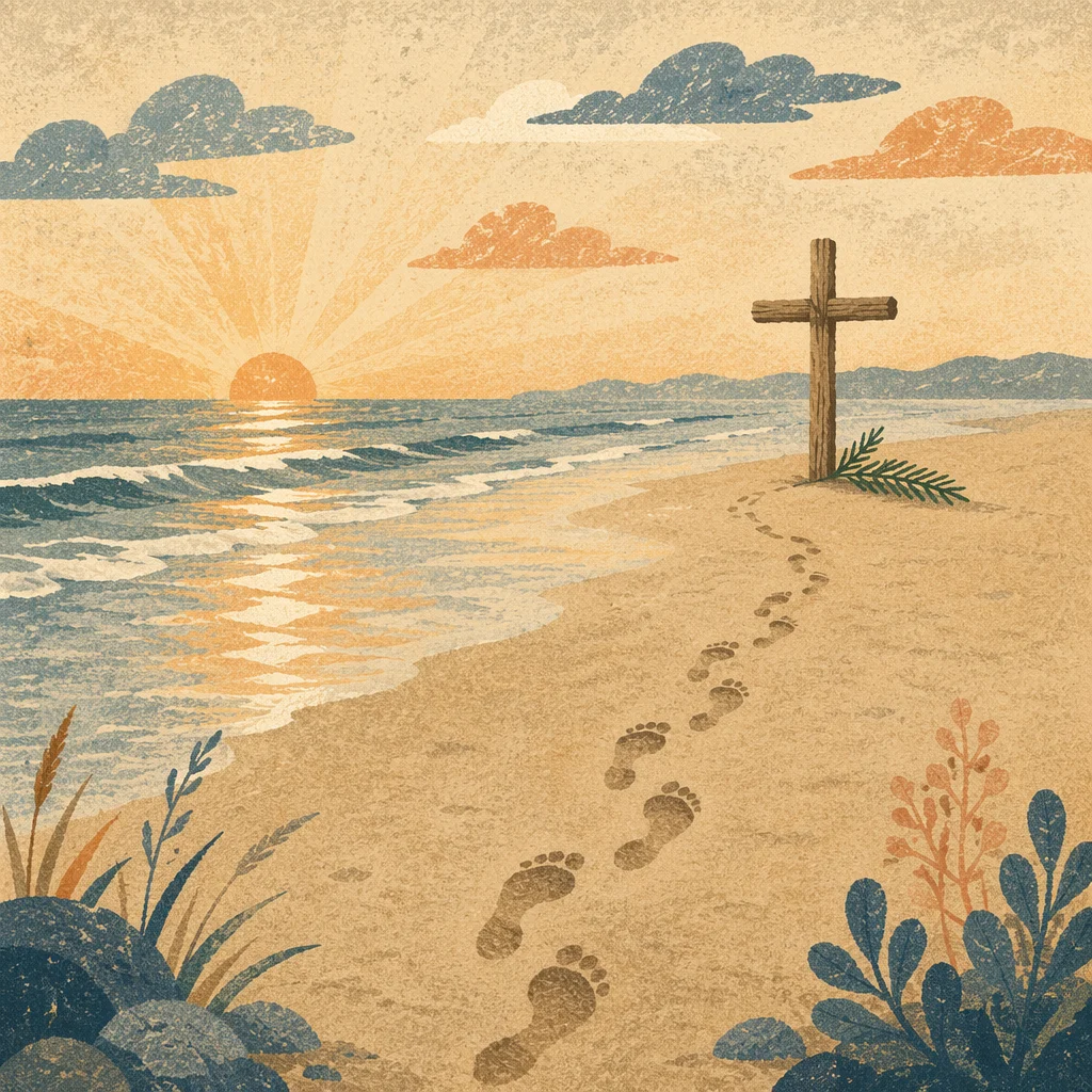 Footprints to Driftwood Cross at Sunrise