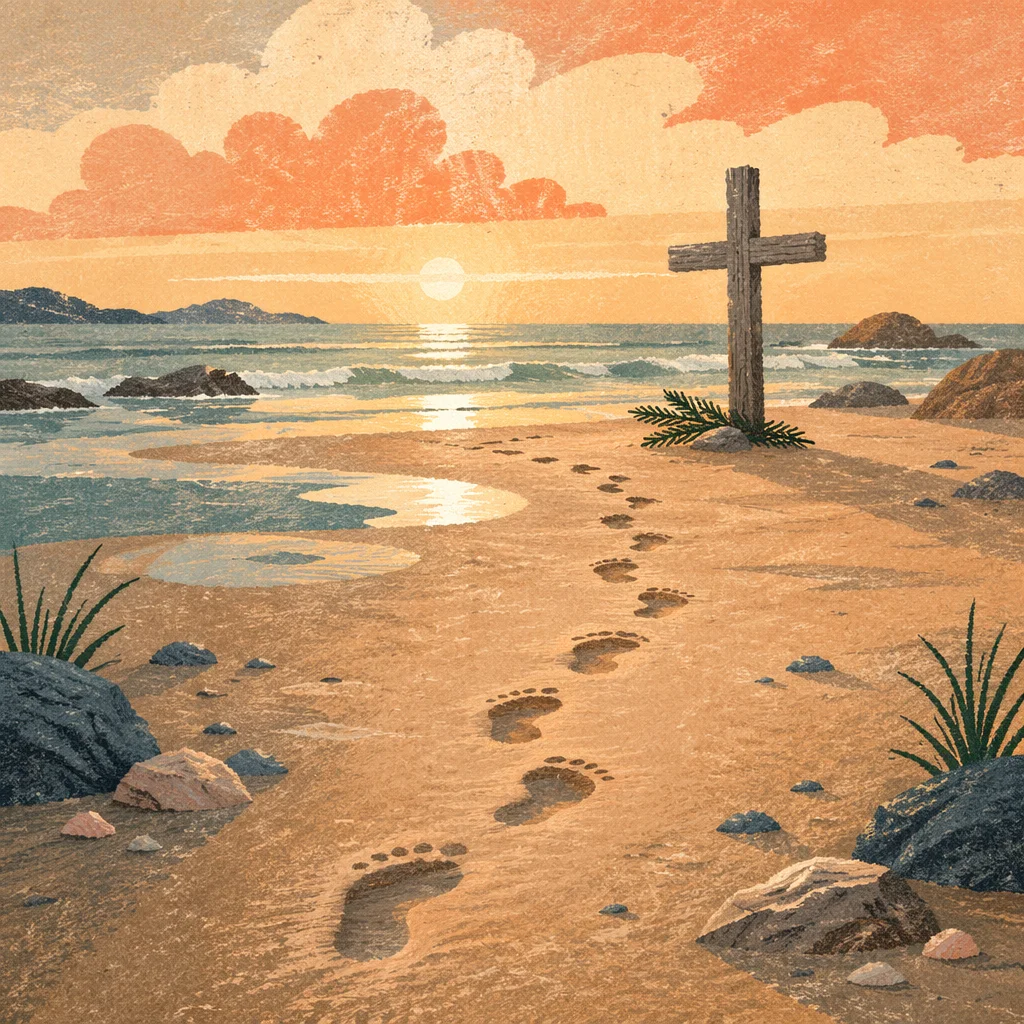 Footprints Leading to Driftwood Cross at Sunrise
