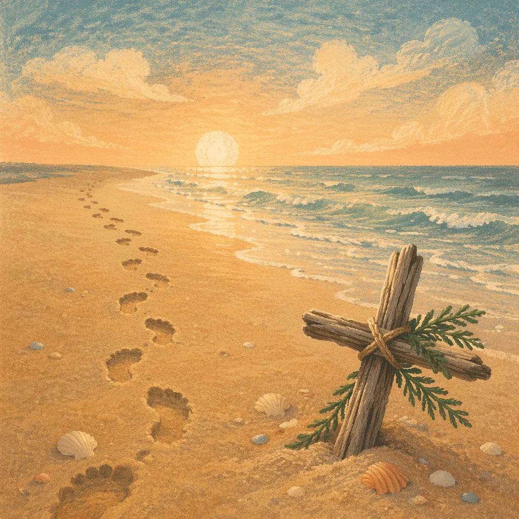 Footprints Toward Sunrise with Evergreen Cross