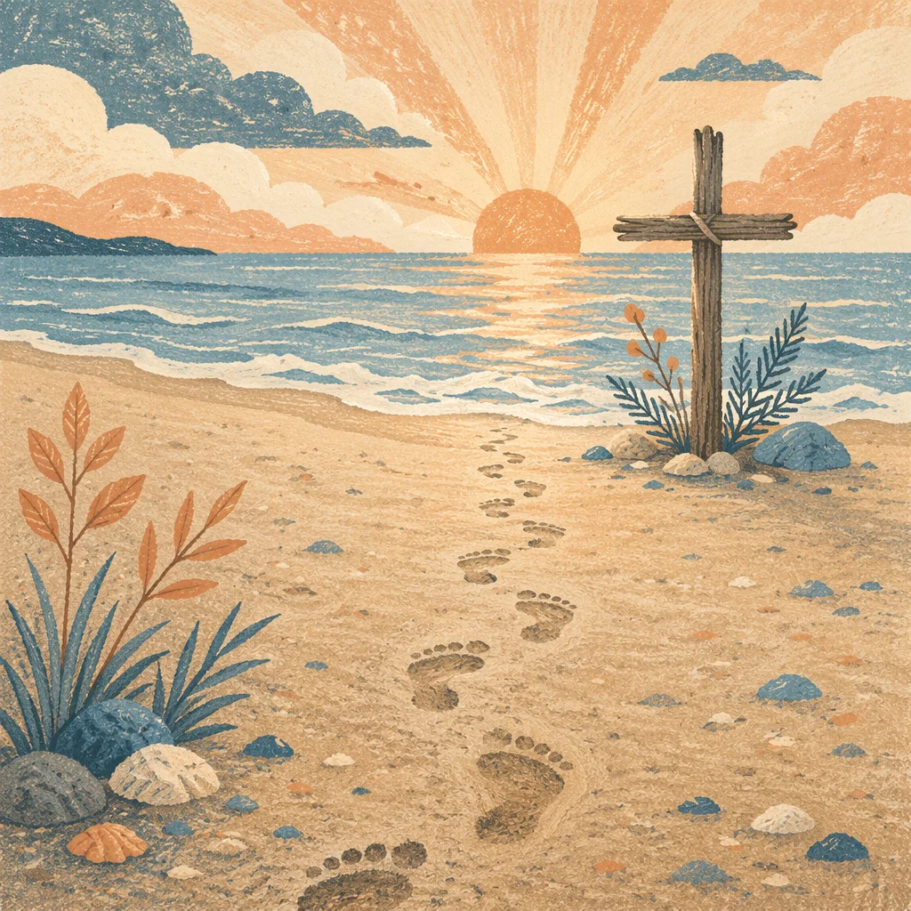 Footprints Toward Cross at Beach Sunrise