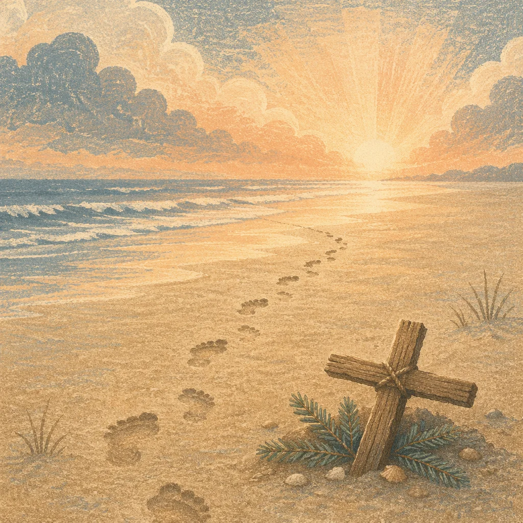 Footprints Toward Sunrise with Driftwood Cross