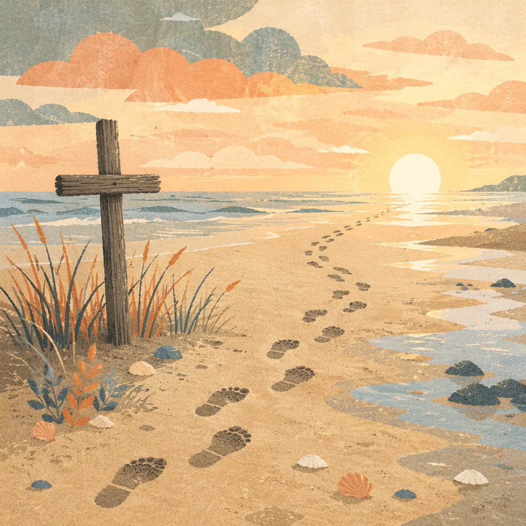 Footprints Toward Cross at Beach Sunrise