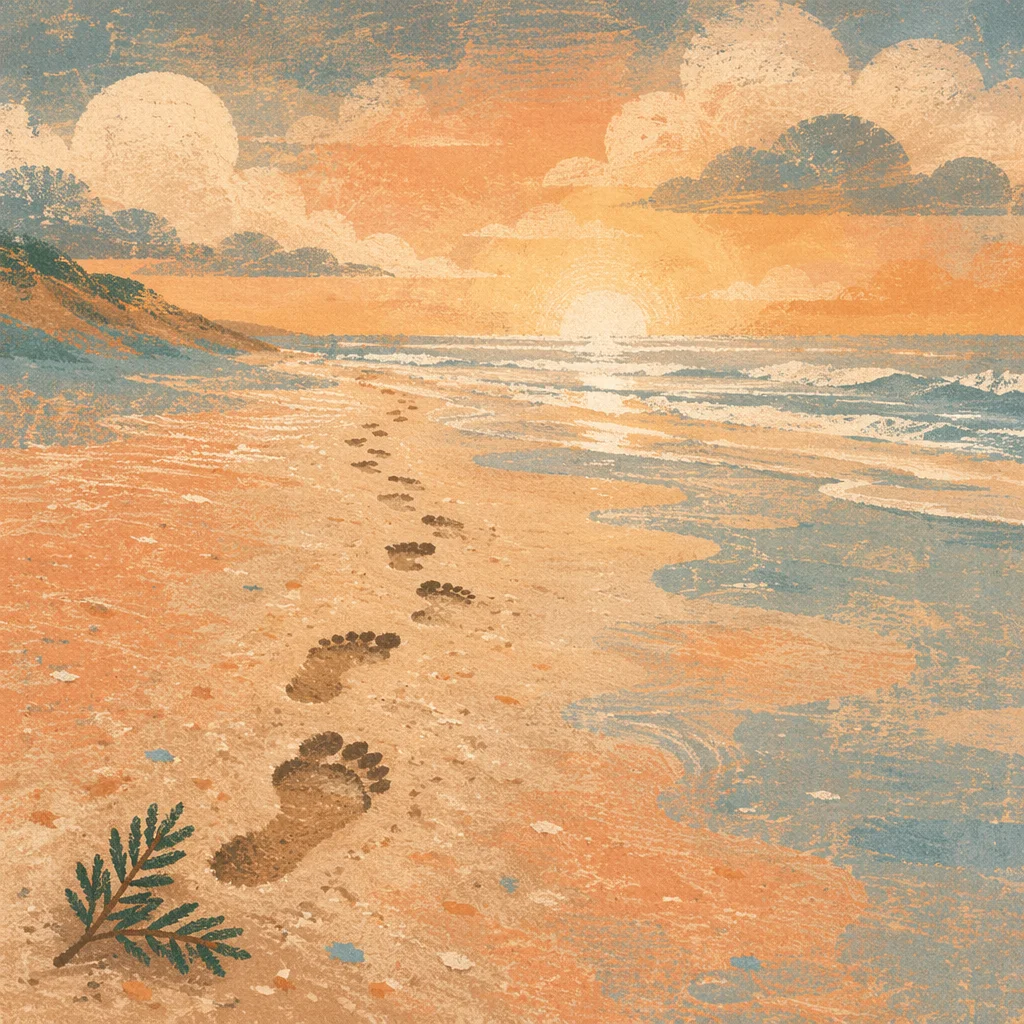 Footprints Toward Sunrise with Evergreen Sprig